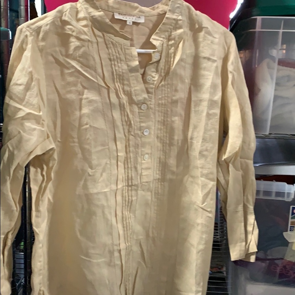 British India 100% Ramie  Half Button Down Blouse women's size 11 Tan